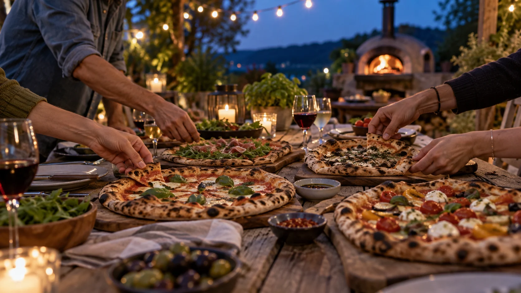 Friends sharing homemade pizzas at an outdoor dinner