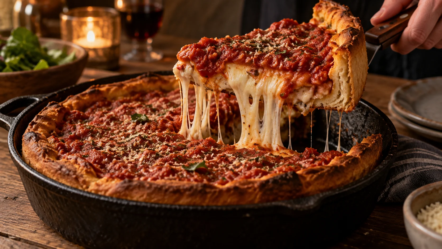 Slice lifted from a cast-iron Chicago deep-dish pizza
