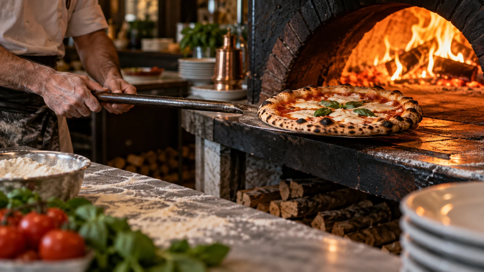 Neapolitan pizza coming out of a wood-fired oven