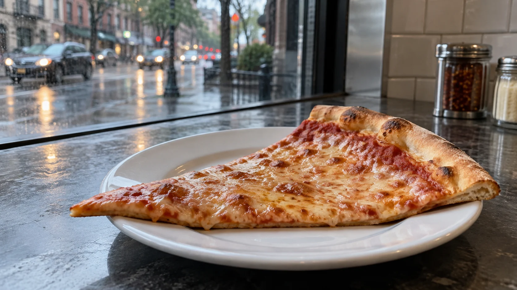 New York-style cheese slice beside a rainy city window