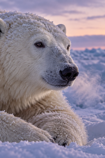 A frost-covered polar bear rests beside blue ice at dusk.