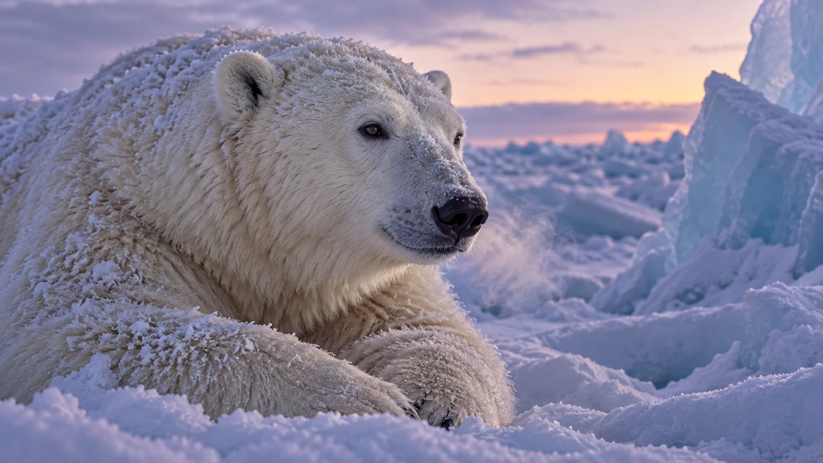 A frost-covered polar bear rests beside blue ice at dusk.