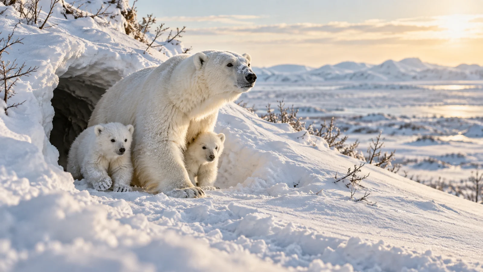A polar bear mother and two cubs emerge from a snowy den.