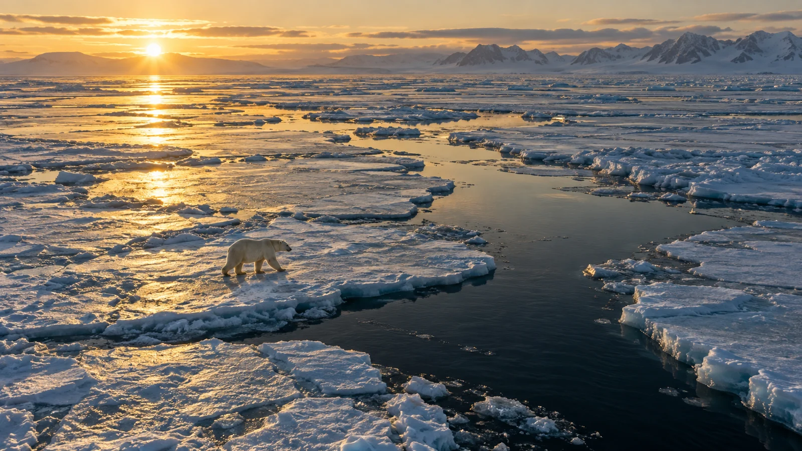 A lone polar bear crosses fractured sea ice in golden light.
