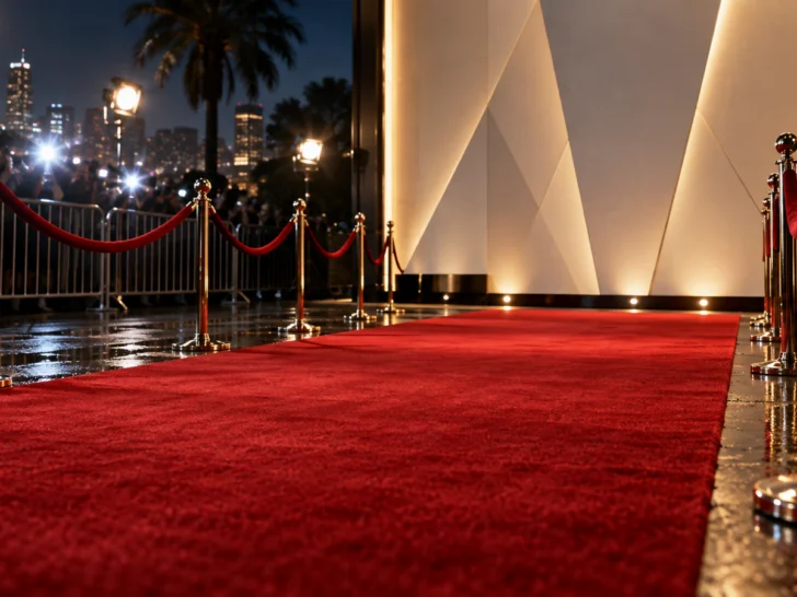 Empty red carpet and camera flashes outside a generic nighttime premiere