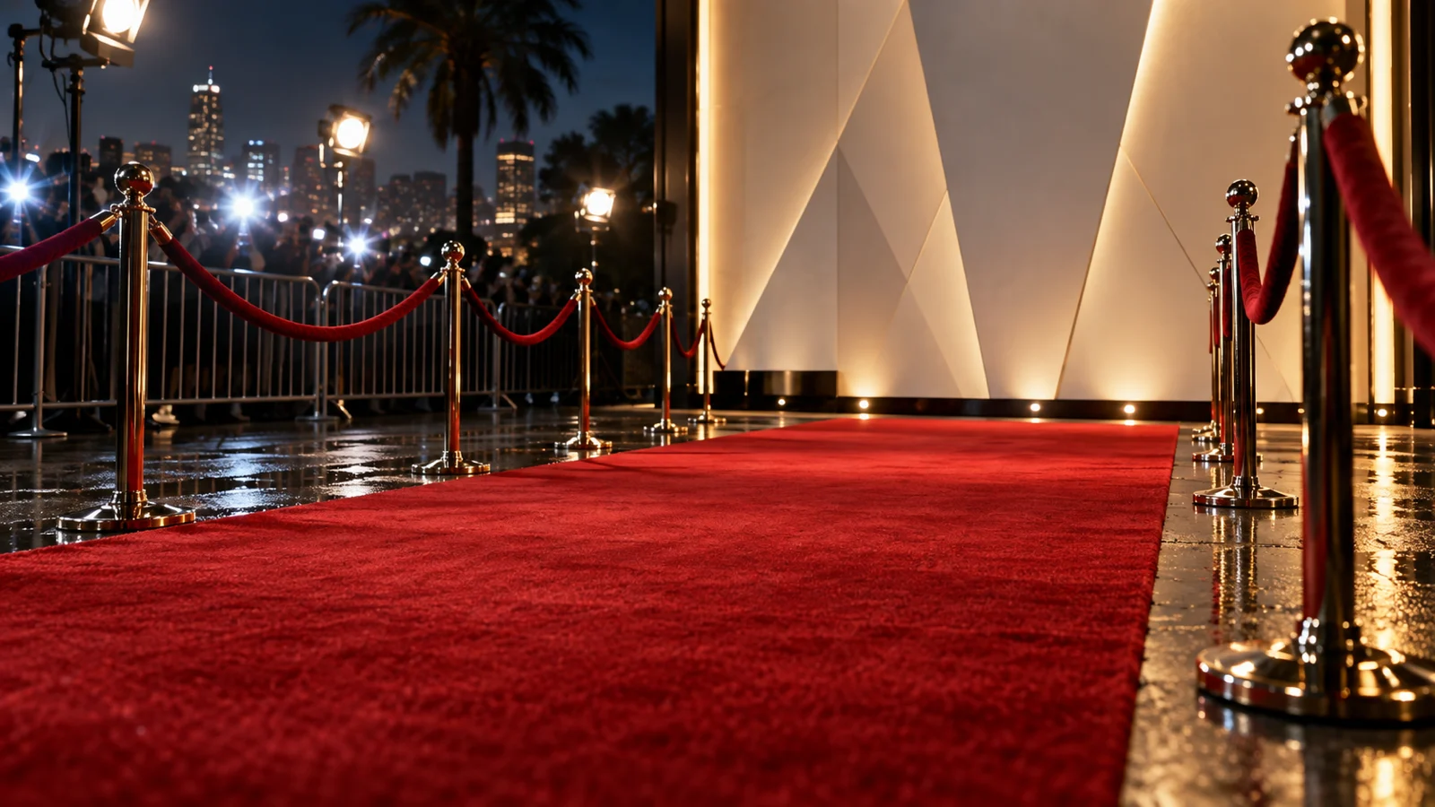 Empty red carpet and camera flashes outside a generic nighttime premiere