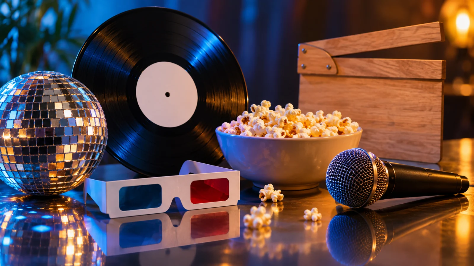 Disco ball, blank vinyl, popcorn, microphone, and 3D glasses in colorful light