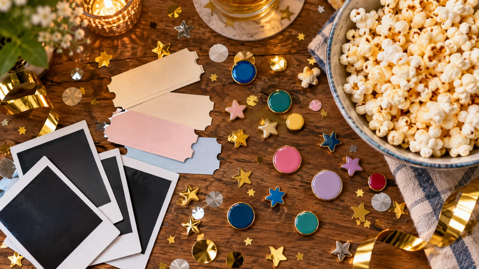 Colorful pins, blank tickets, popcorn, and face-down snapshots on a party table