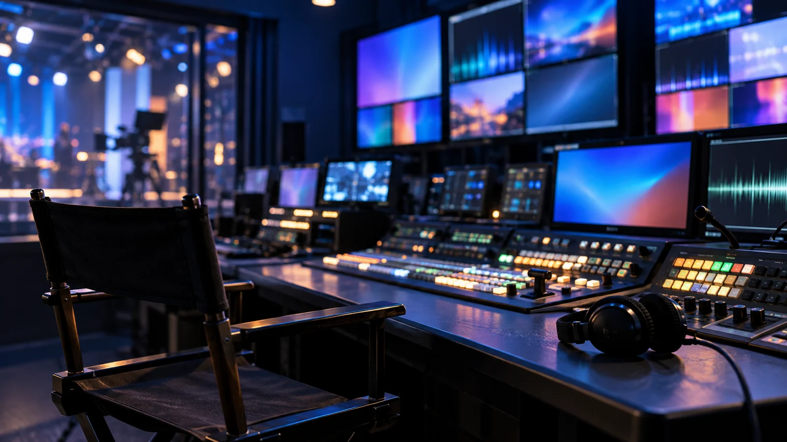 Empty television control room glowing with abstract monitor colors