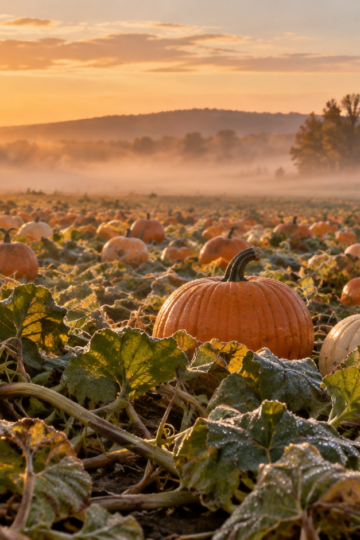 Pumpkins and dew-covered vines fill a misty field at sunrise.