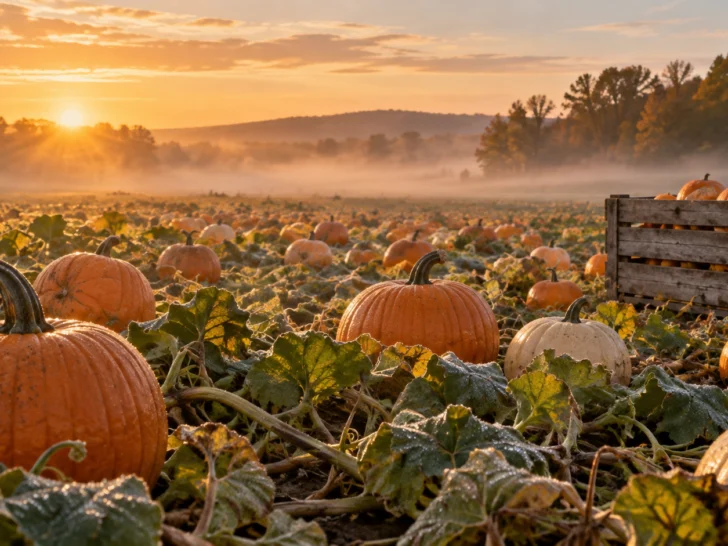 Pumpkins and dew-covered vines fill a misty field at sunrise.
