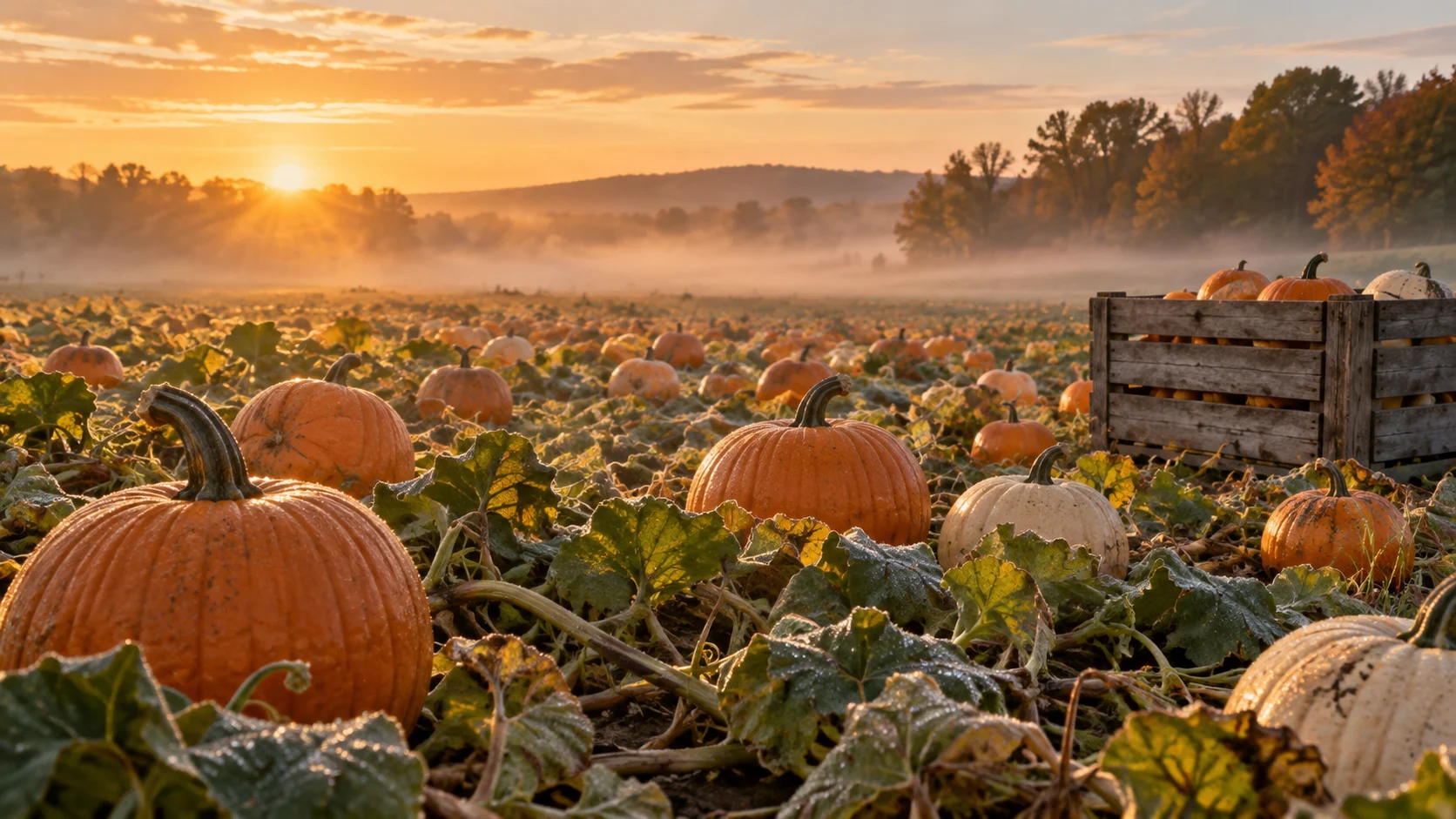 Pumpkins and dew-covered vines fill a misty field at sunrise.