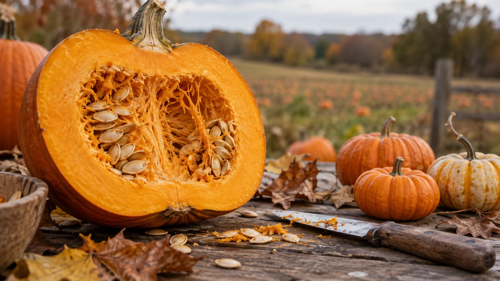 A cut pumpkin reveals its seeds on a rustic harvest table.