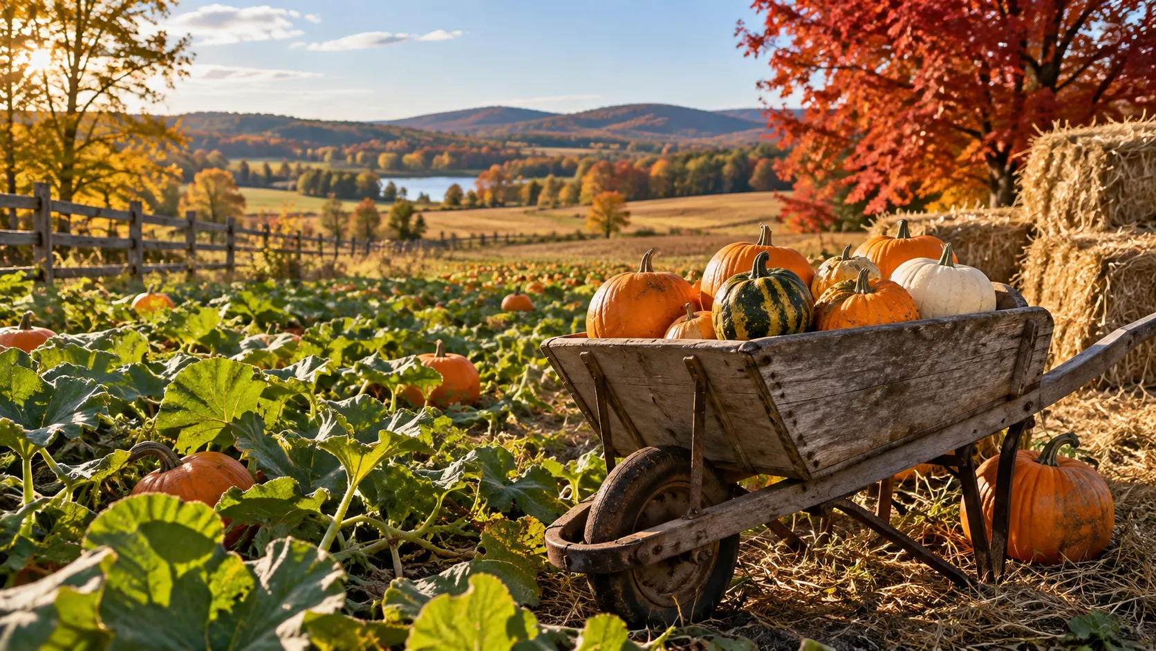 A weathered wheelbarrow holds pumpkins beside an autumn field.