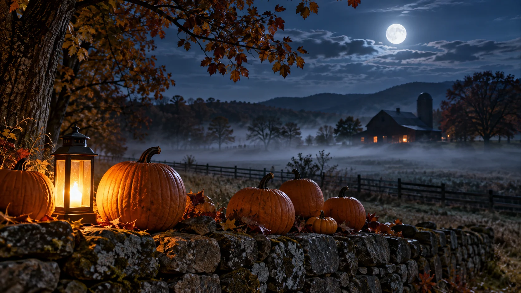 Uncarved pumpkins rest on a moonlit stone wall beside a lantern.