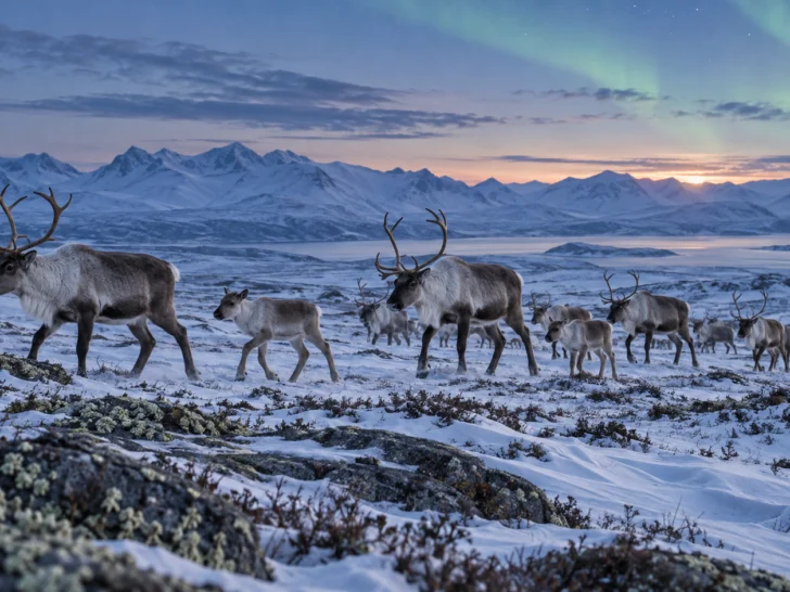 A wild reindeer herd crosses snowy Arctic tundra beneath a faint aurora.