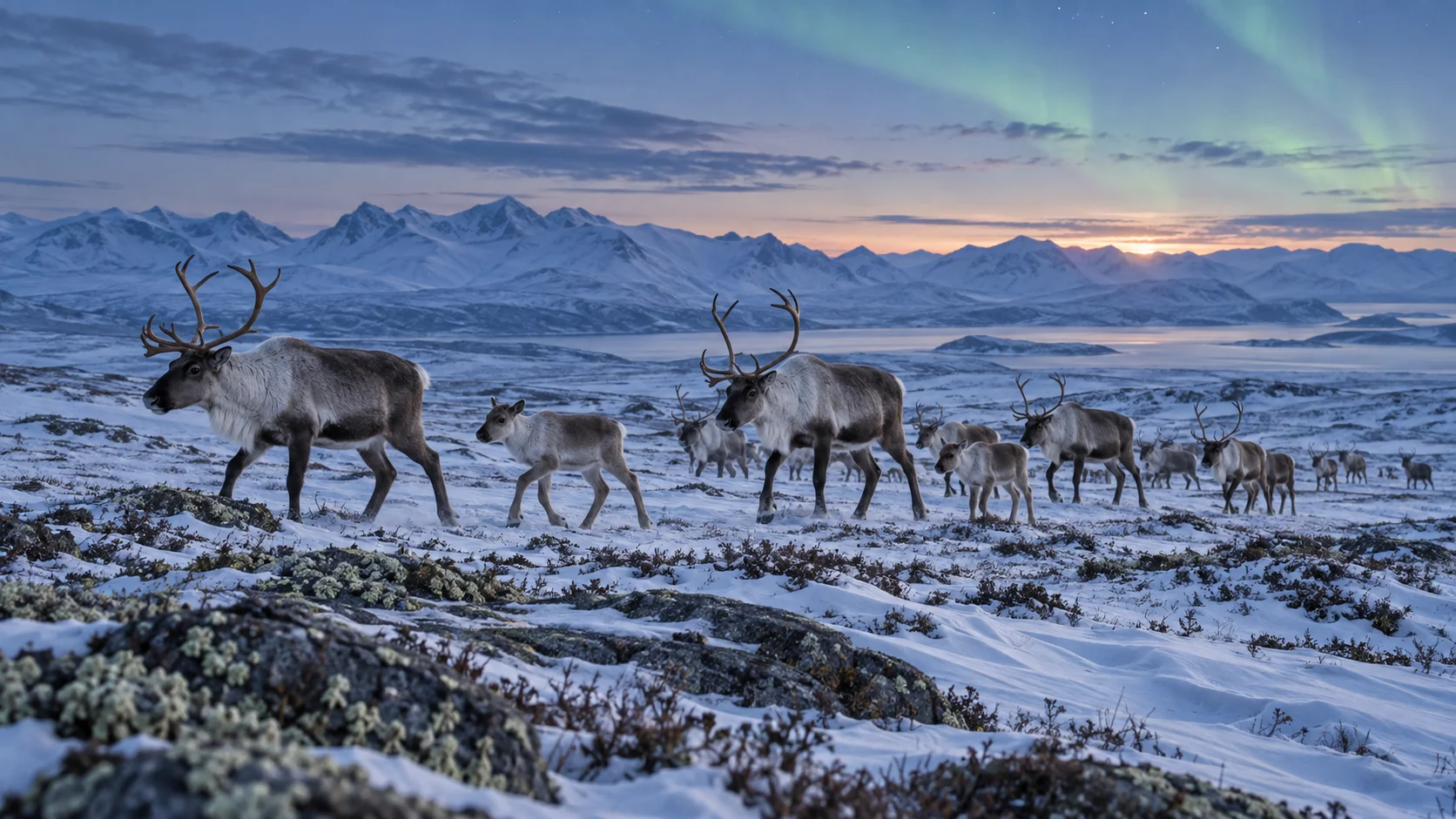A wild reindeer herd crosses snowy Arctic tundra beneath a faint aurora.