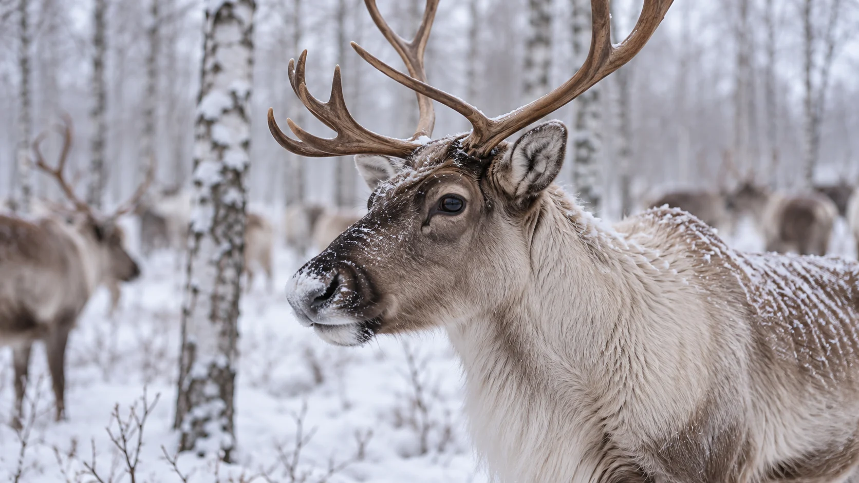 An antlered female reindeer stands in a snowy birch forest.