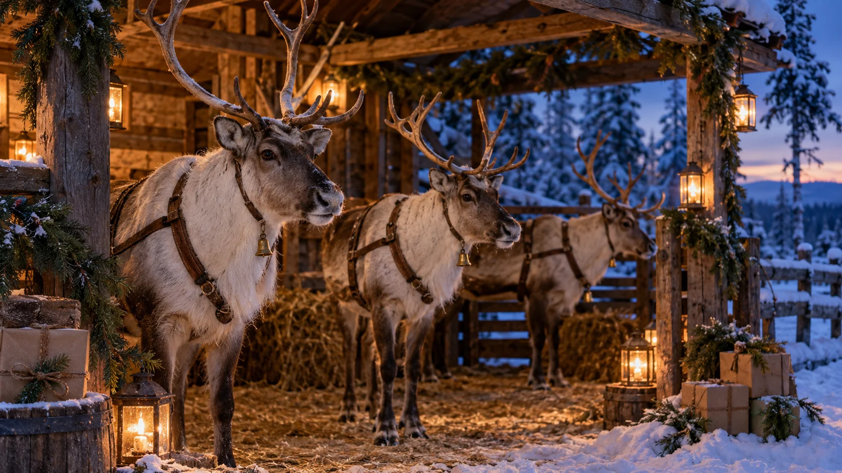 Three harnessed reindeer stand in a lantern-lit snowy stable.