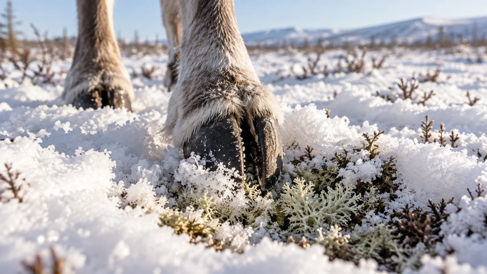 A reindeer uses its split hoof to uncover lichen beneath the snow.
