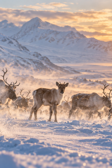 A natural reindeer herd crosses a snowy Arctic valley at sunrise.