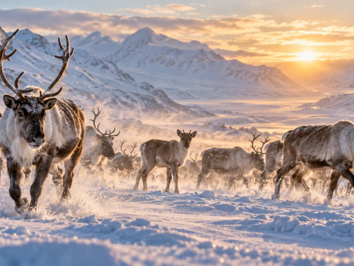 A natural reindeer herd crosses a snowy Arctic valley at sunrise.