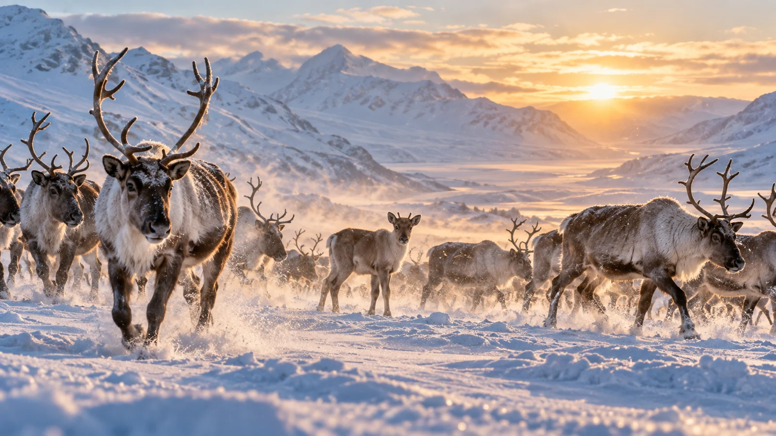 A natural reindeer herd crosses a snowy Arctic valley at sunrise.