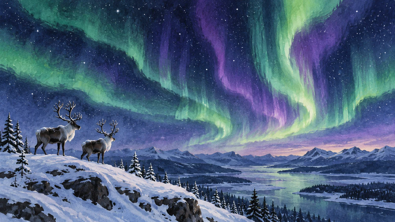 Two natural reindeer stand beneath green and violet aurora ribbons.