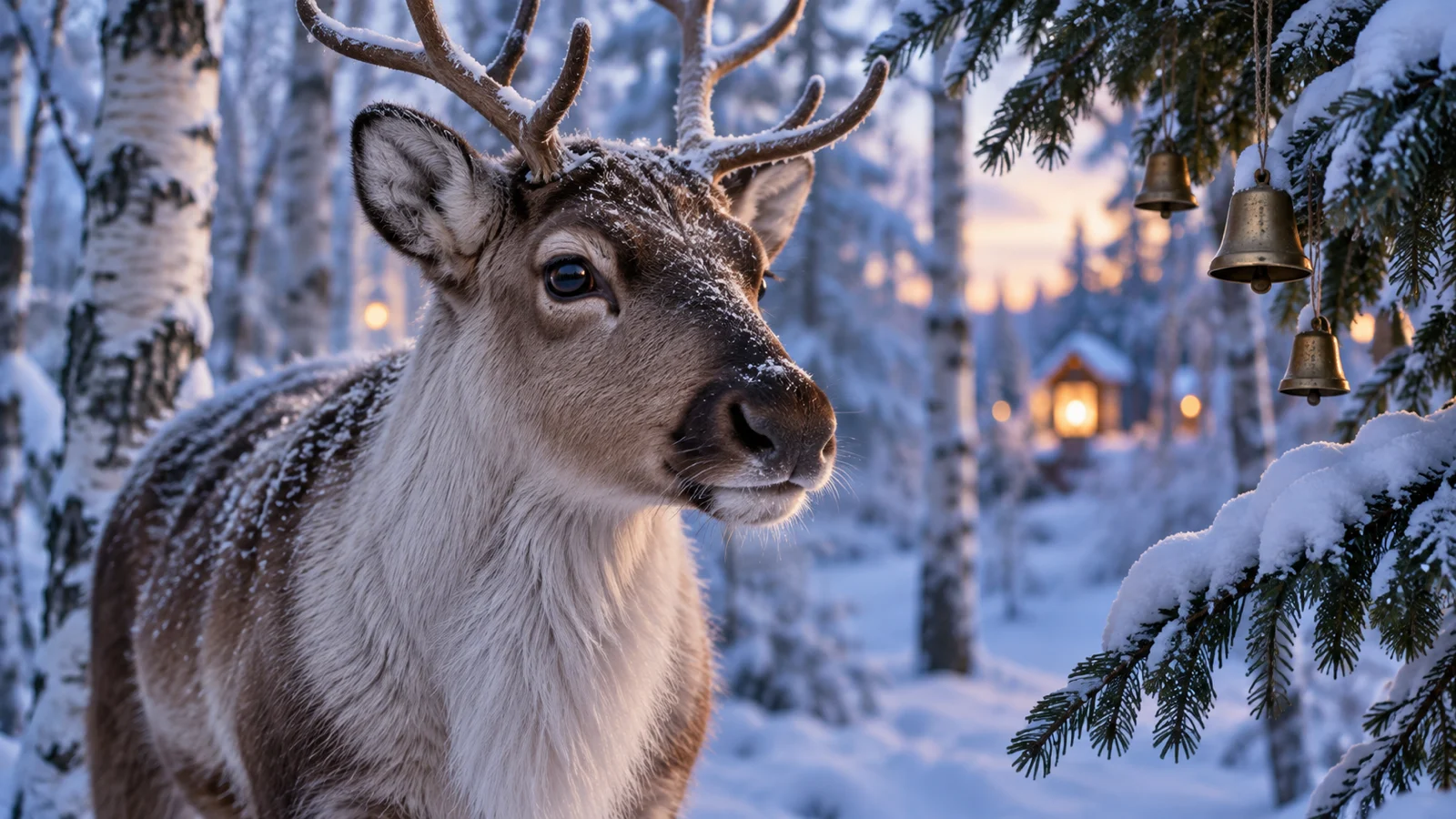 A young reindeer with frosted antlers stands beside bells in a snowy birch wood.