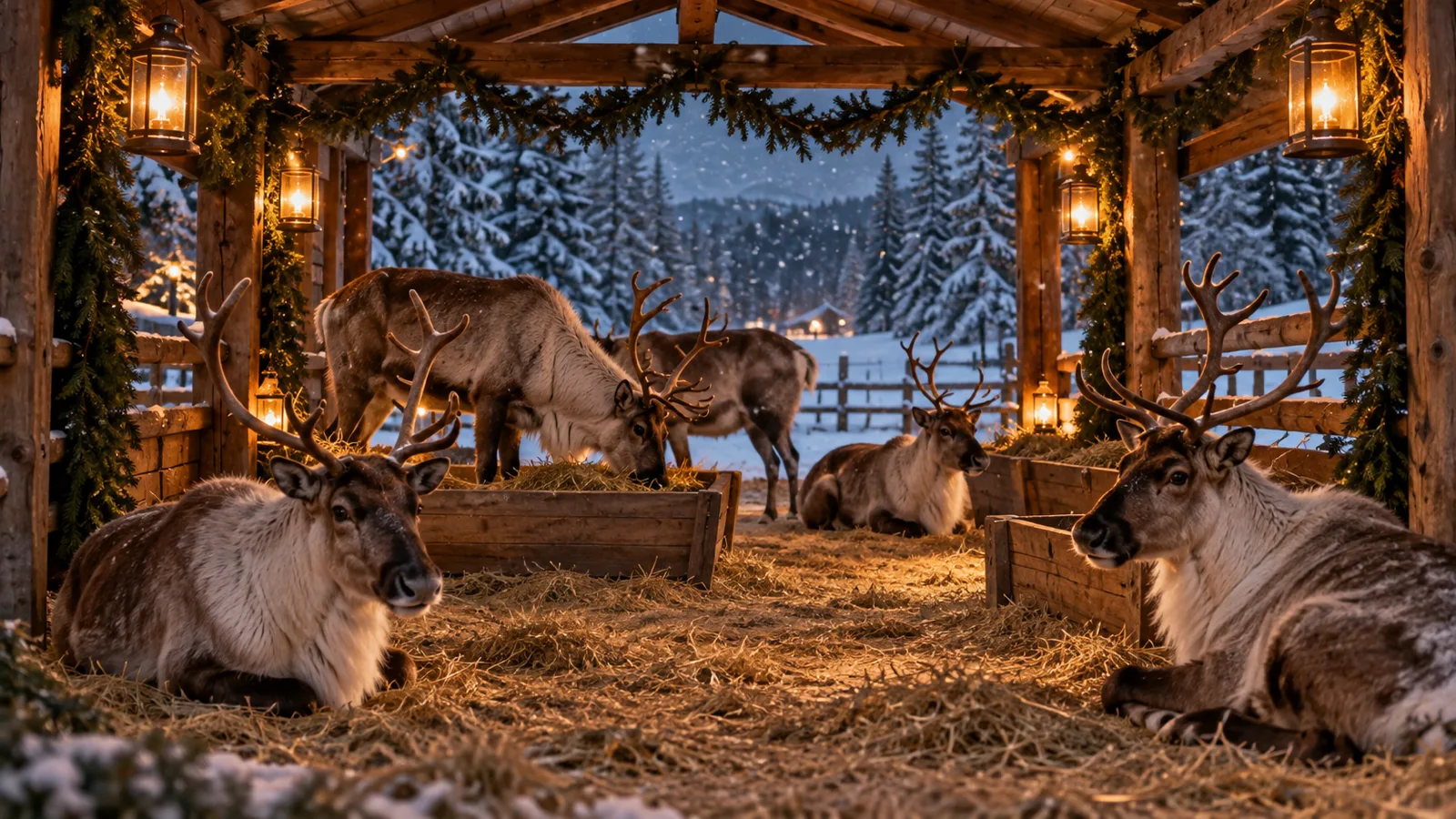 Reindeer rest beneath lanterns and evergreen in an open winter shelter.