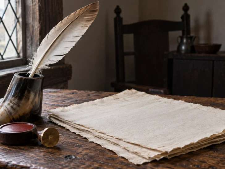 Blank handmade paper and a quill rest on a colonial oak table.