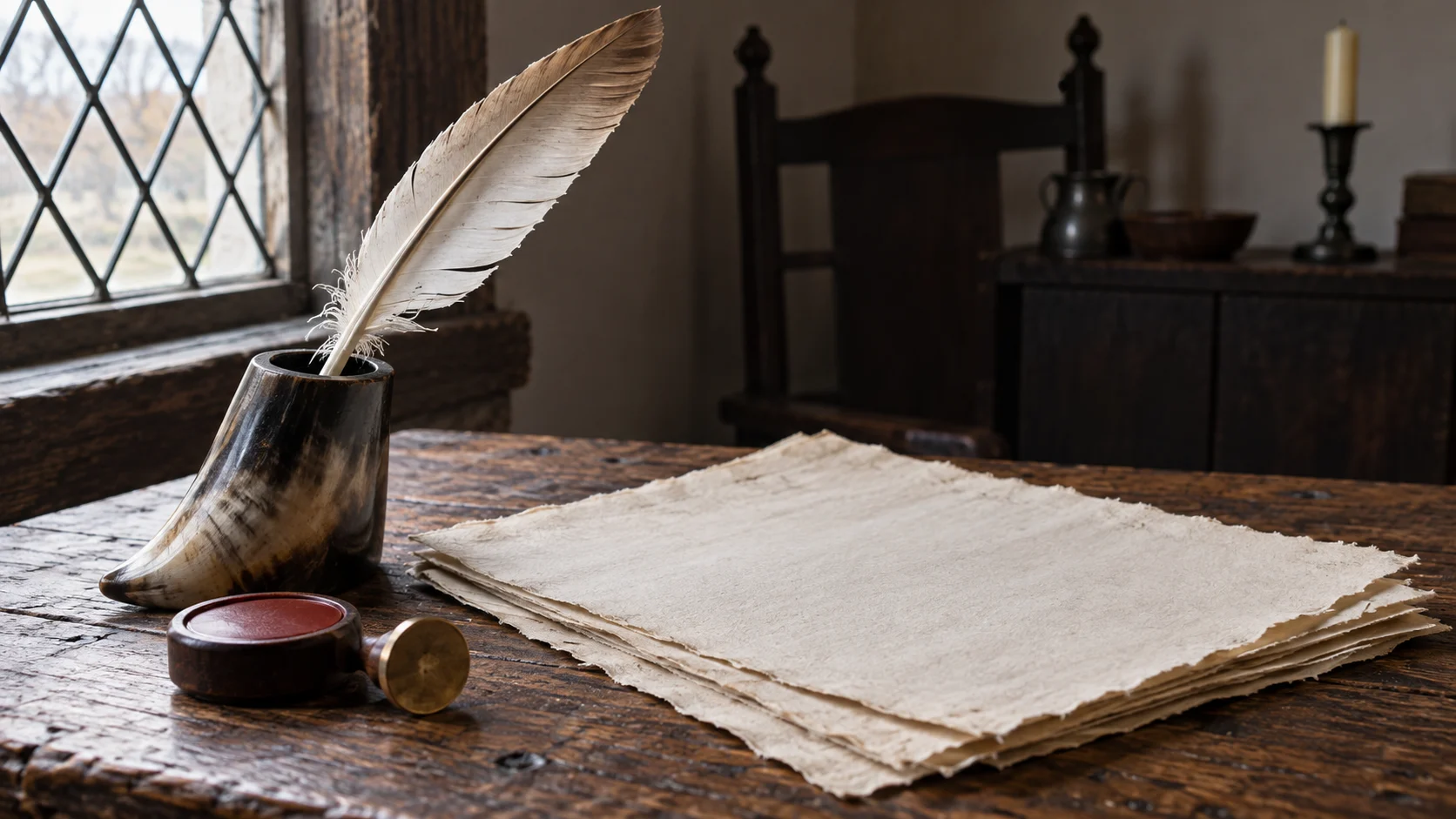 Blank handmade paper and a quill rest on a colonial oak table.