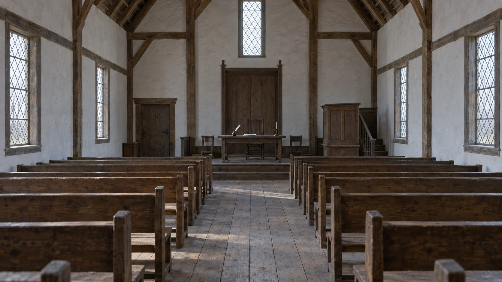 Plain wooden benches line an empty colonial meetinghouse.