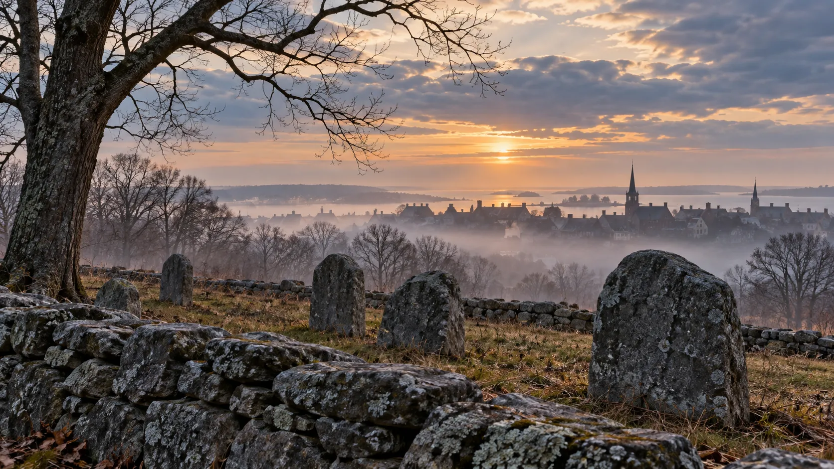 Uninscribed fieldstones overlook a misty New England town at dawn.