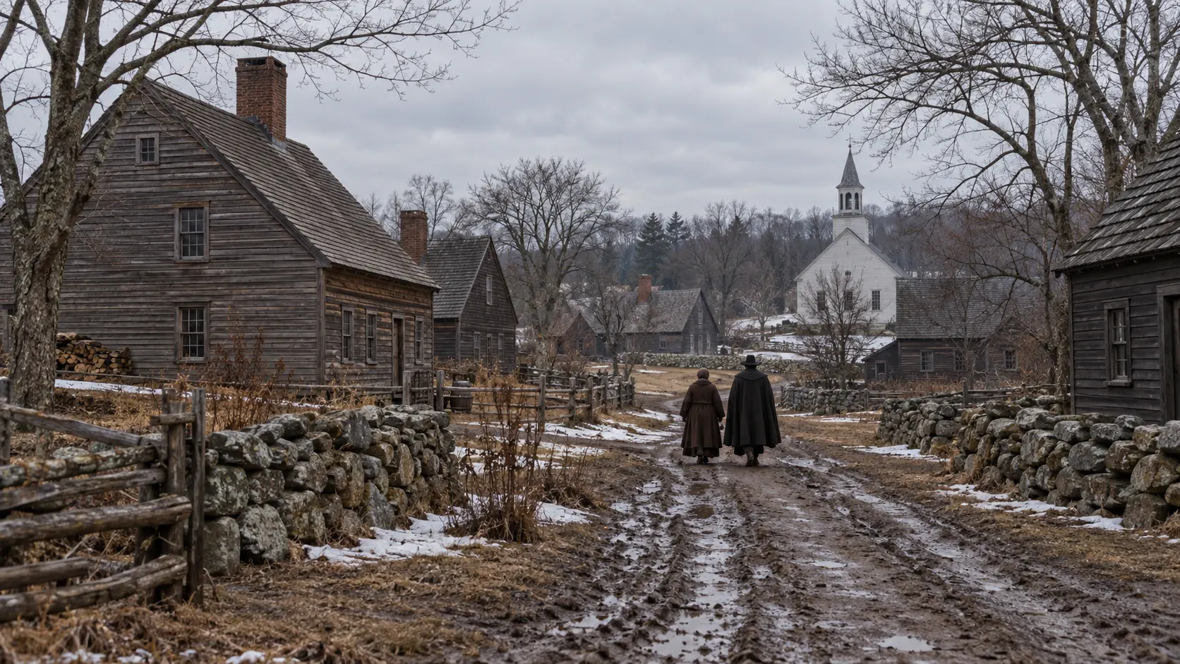 Two townspeople walk along a muddy colonial village road in winter.