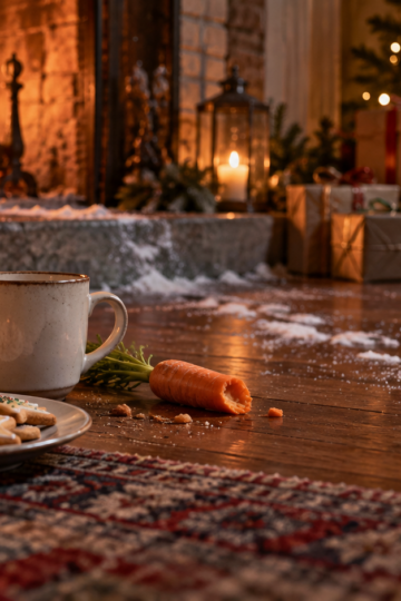 Cookies and a half-eaten carrot sit beside a tiny trail of snow near the hearth.