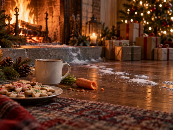 Cookies and a half-eaten carrot sit beside a tiny trail of snow near the hearth.