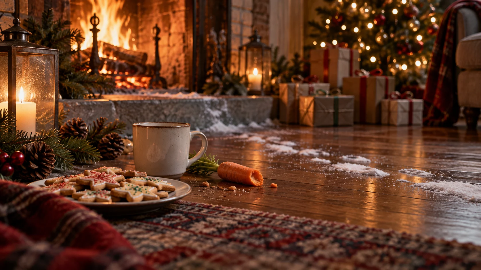 Cookies and a half-eaten carrot sit beside a tiny trail of snow near the hearth.