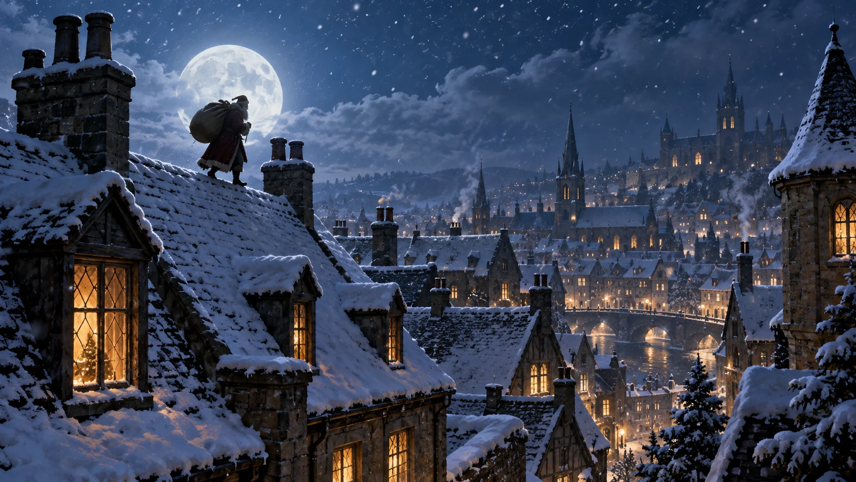 A distant winter gift-bringer crosses snowy rooftops beneath the moon.