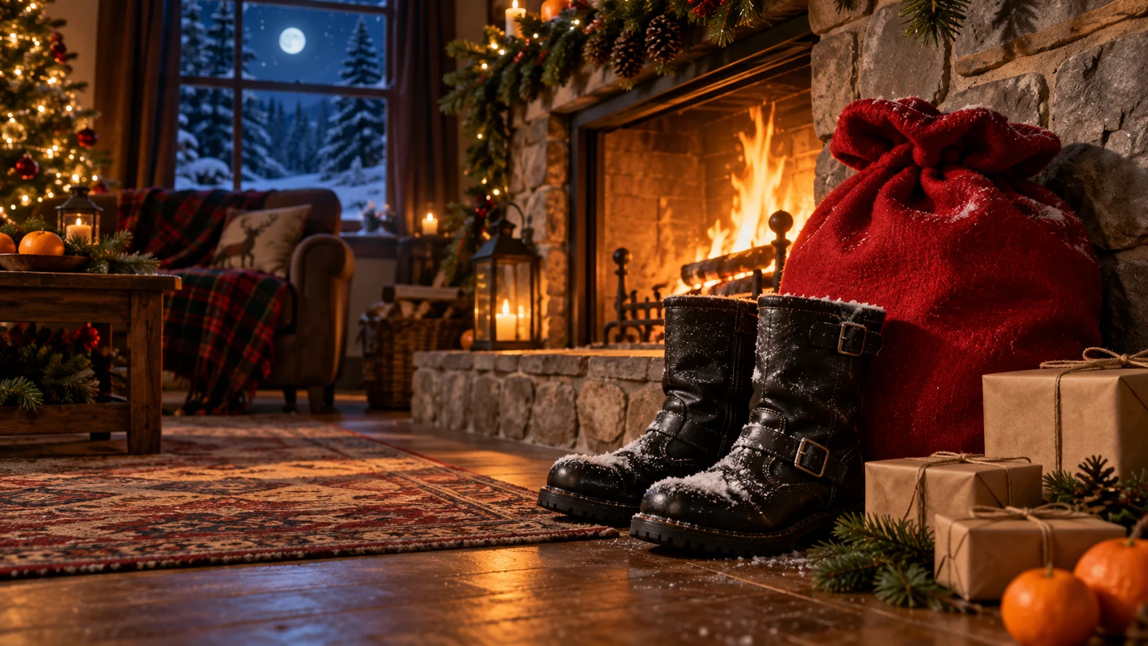 Snowy black boots and a red gift sack rest beside a glowing fireplace.