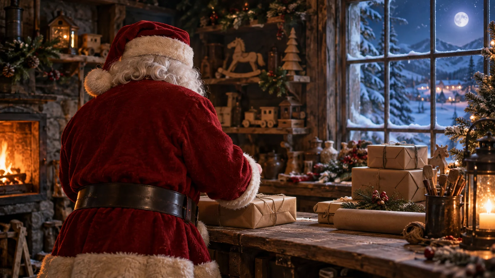 An original winter gift-bringer wraps plain parcels in a wooden workshop.