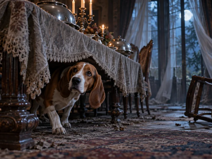 Hound in haunted dining room