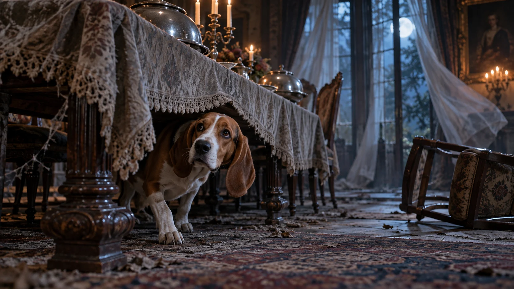 Hound in haunted dining room