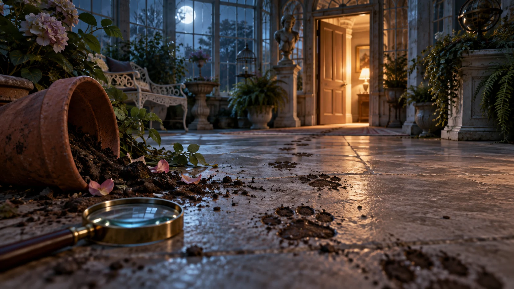 Paw prints in moonlit conservatory