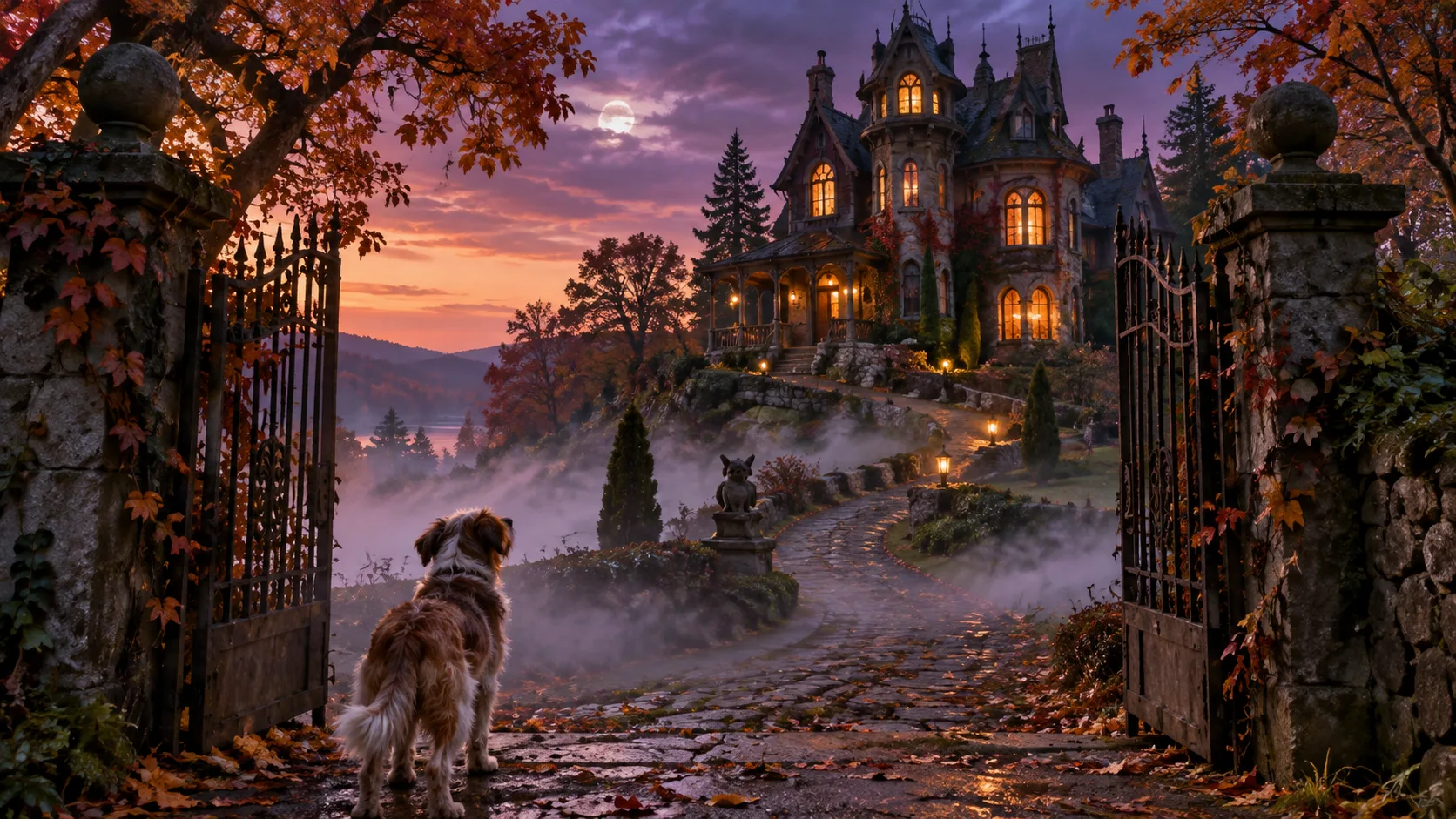 Shaggy dog at haunted manor gate