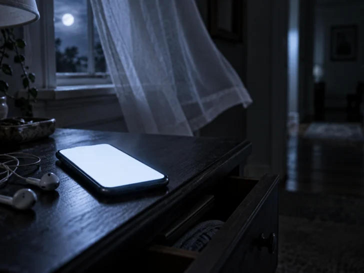 Blank phone moonlit nightstand