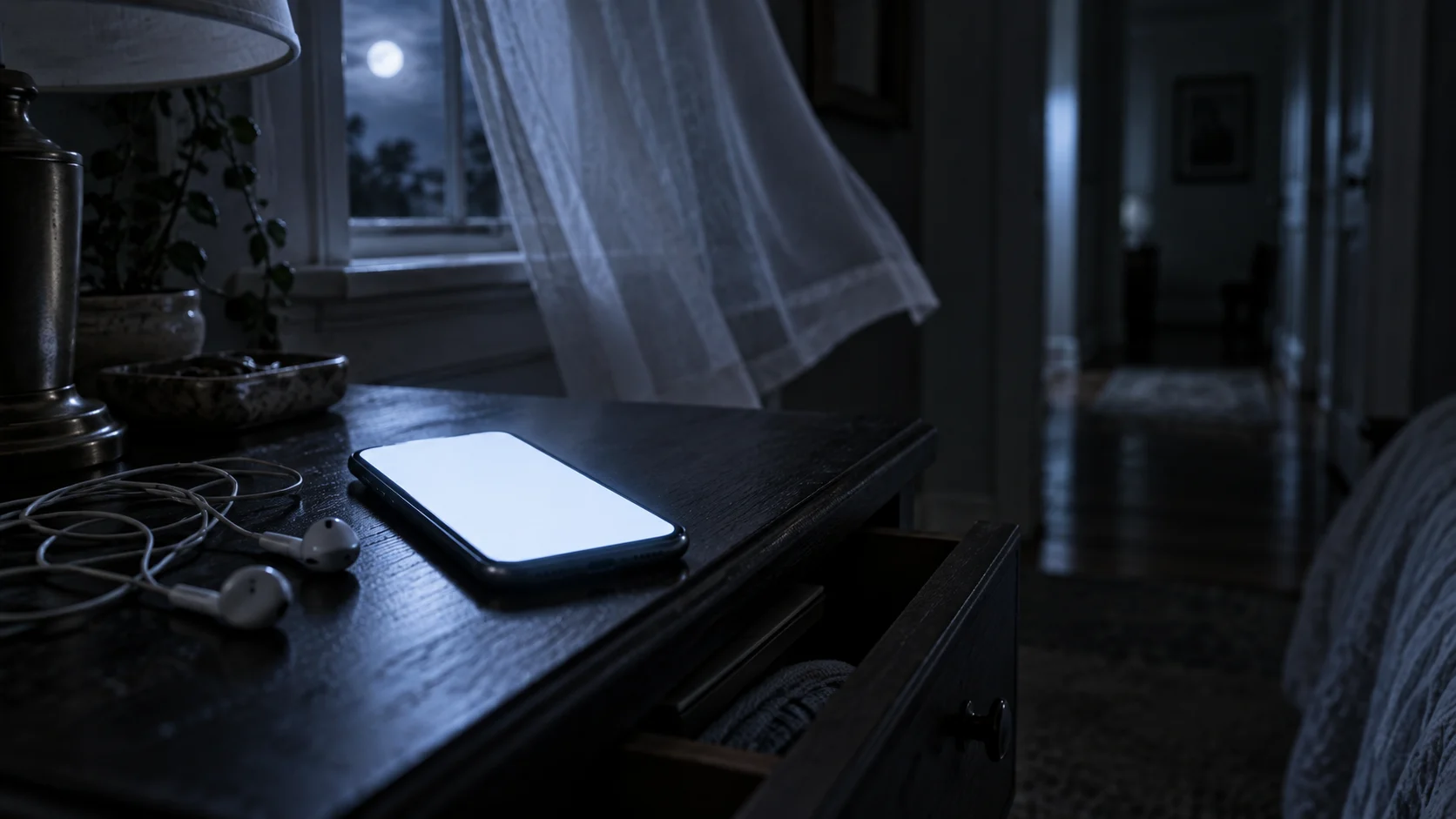 Blank phone moonlit nightstand