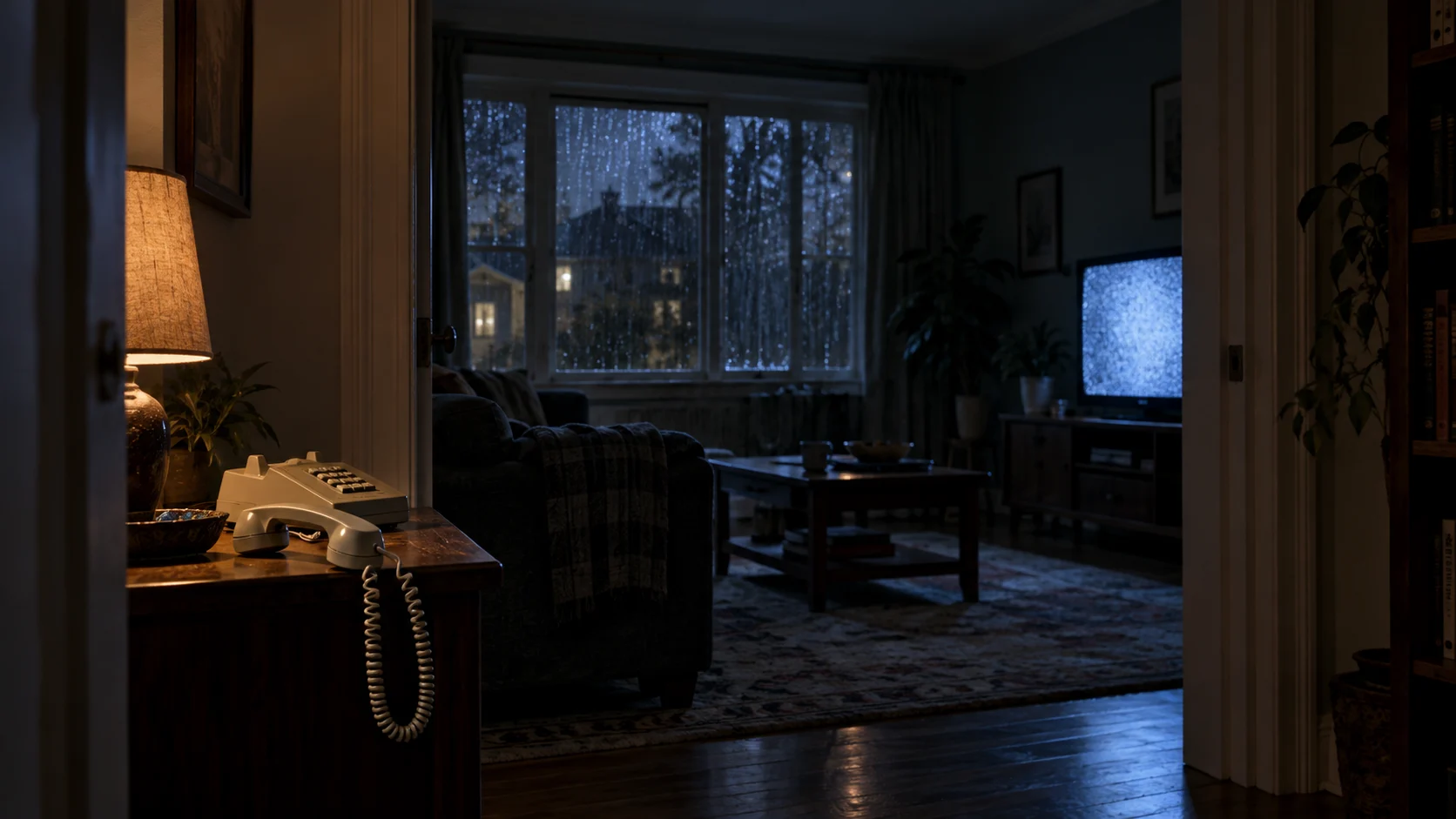 Rainy living room phone suspense