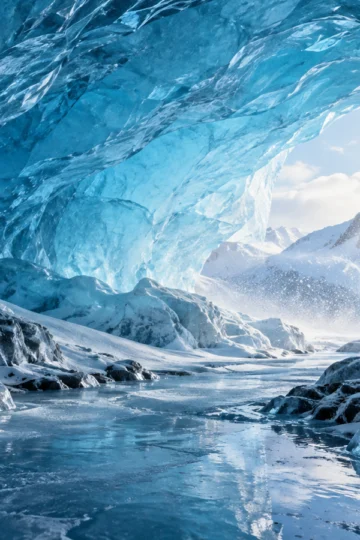 A frozen stream leads through a luminous blue glacier cave.