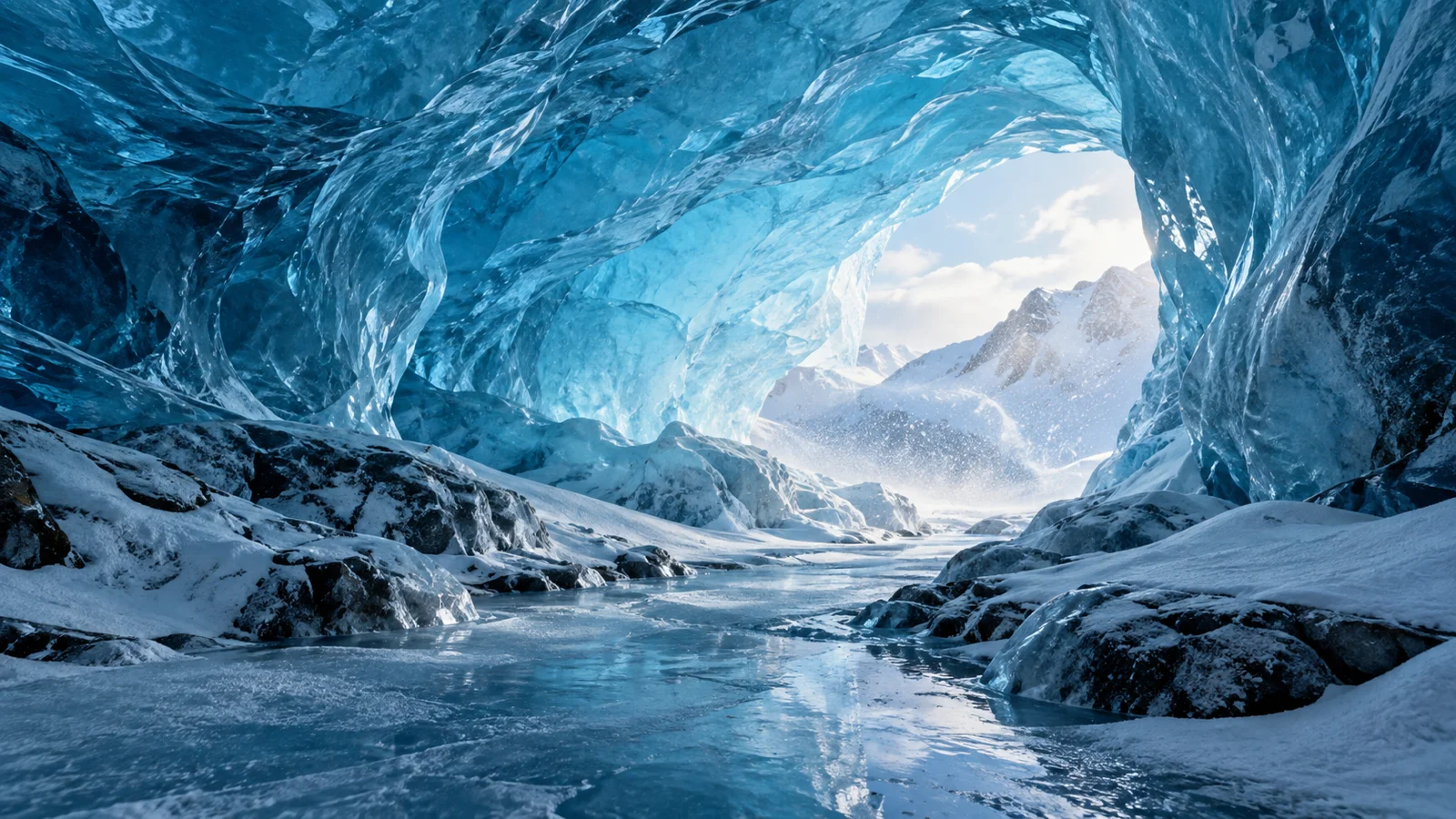 A frozen stream leads through a luminous blue glacier cave.